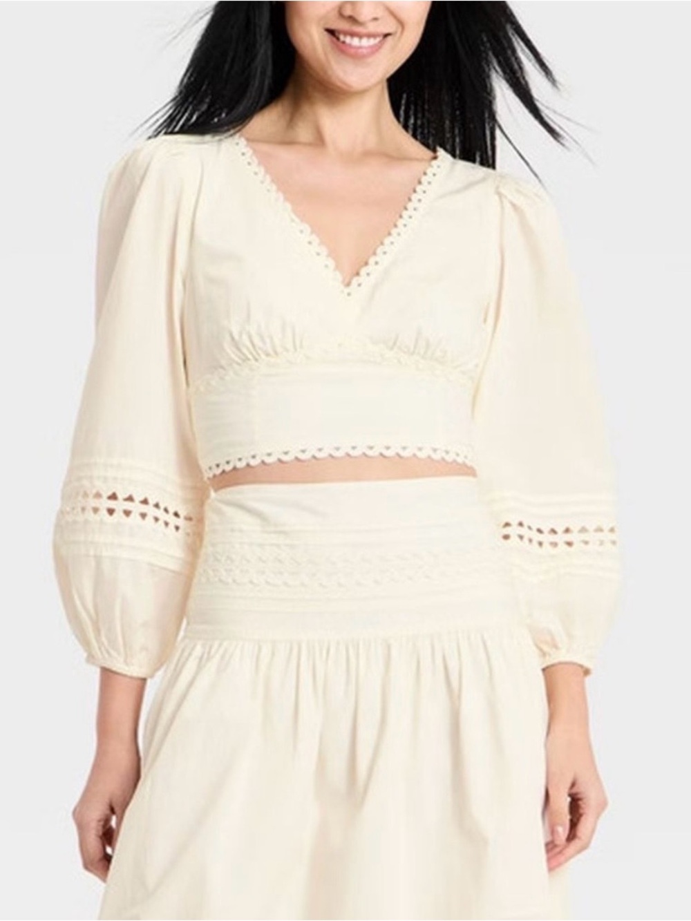 a new day cream long sleeve eyelet lace puff sleeve crop top S